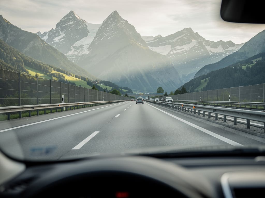 Blick auf eine europäische Autobahn in Richtung Alpenlandschaft