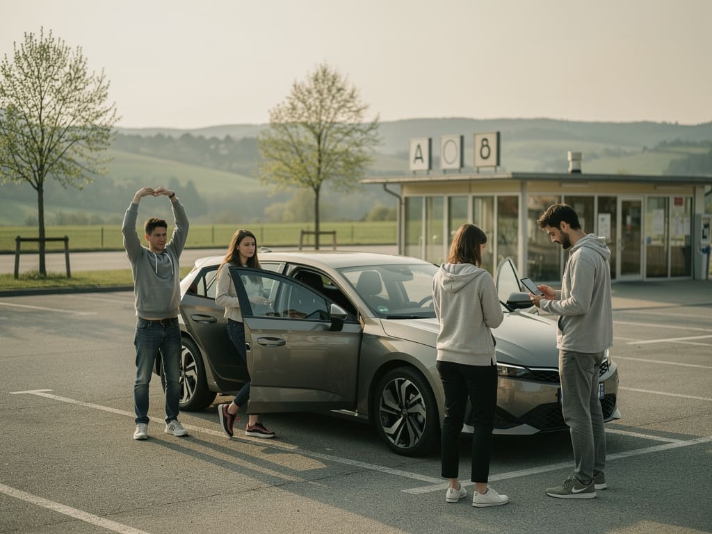 Rastplatz mit Auto und Reisenden bei der Prüfung einer Route auf dem Smartphone