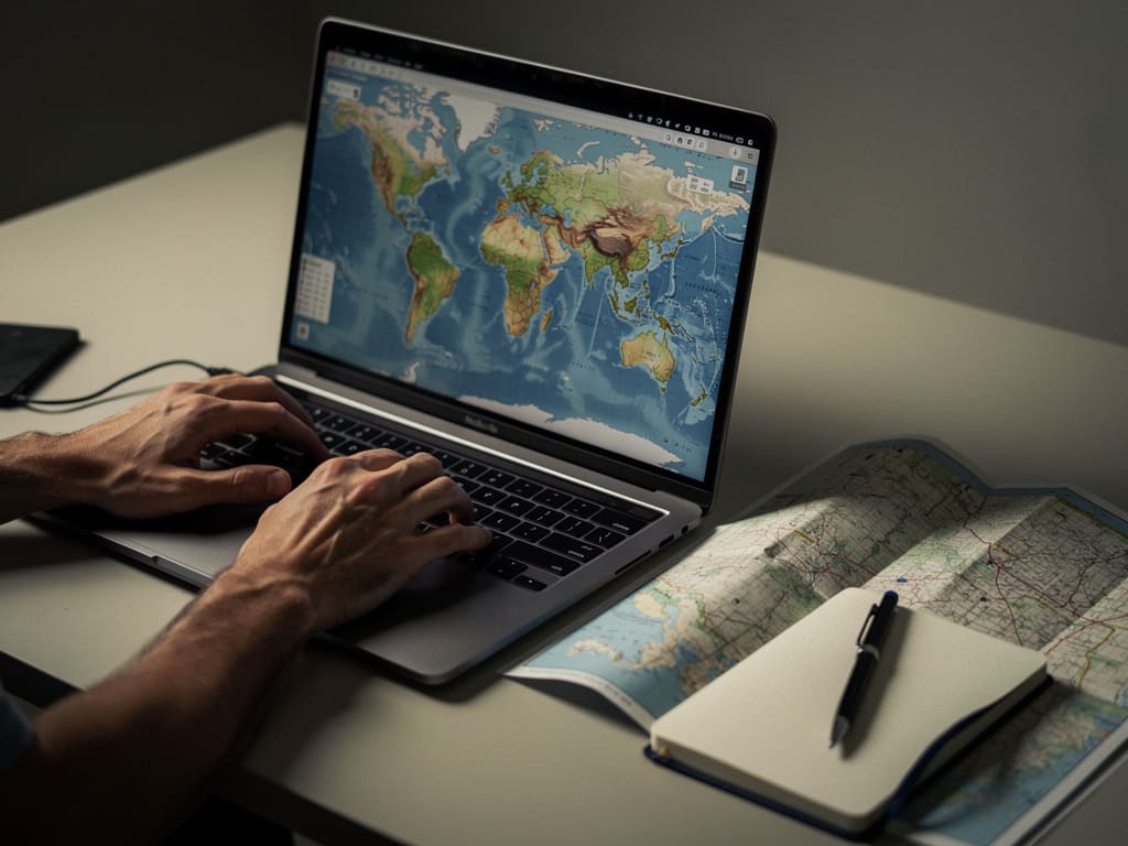 Hände prüfen eine Reiseroute auf Laptop mit Karte und Notizbuch